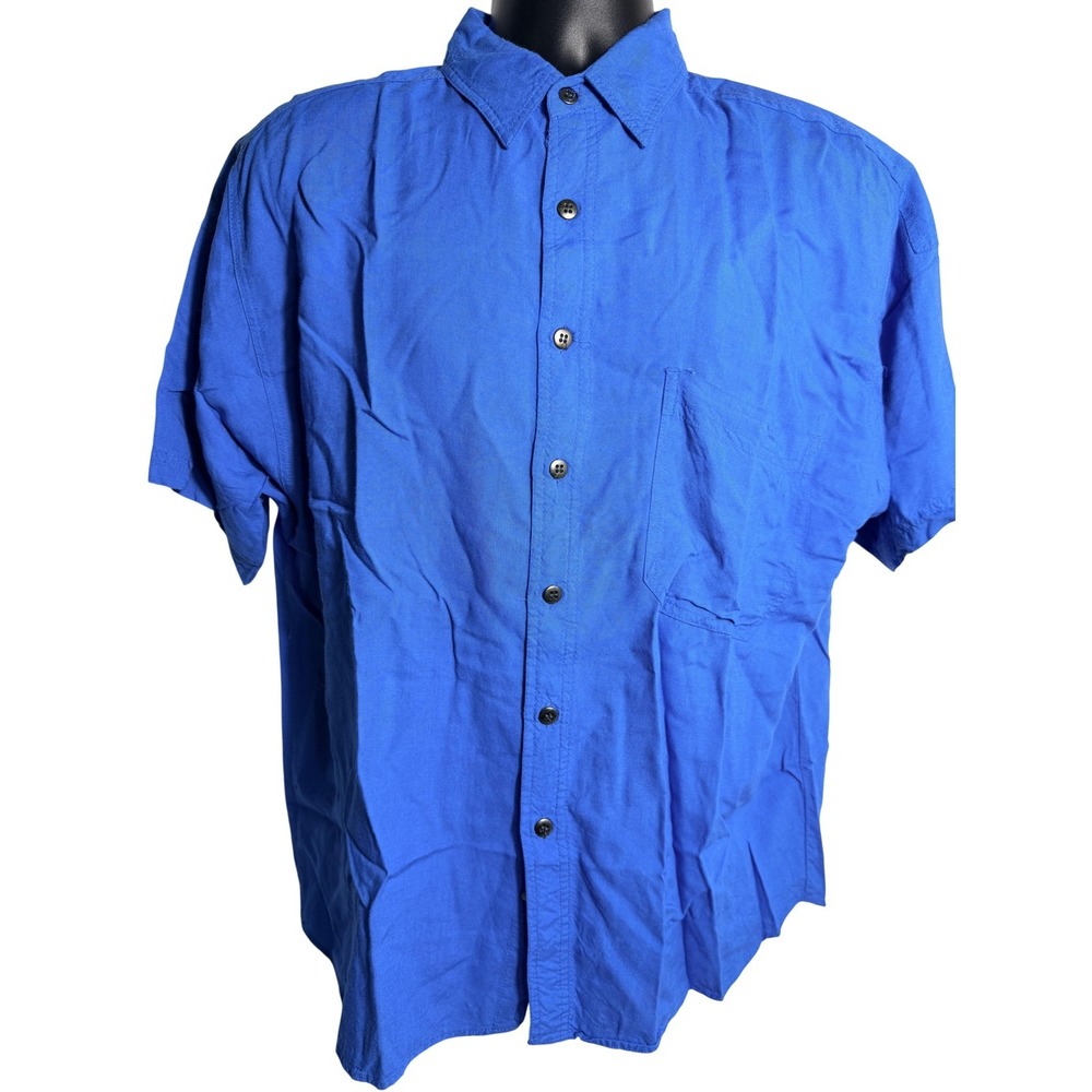 On The Brink Shirt Mens Large Blue Solid Rayon Short Sleeve‎ Button Up Casual